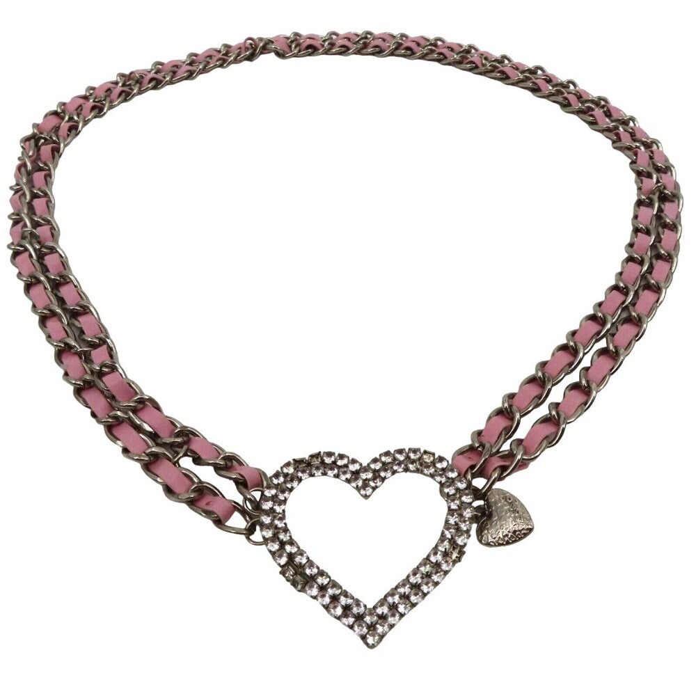 Y2K Womens One Size OSFM Silver Tone Metal Rhinestone Heart Chain Waist Belt